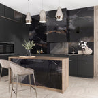 Contemporary black and wood kitchen with onyx-look porcelain tiles