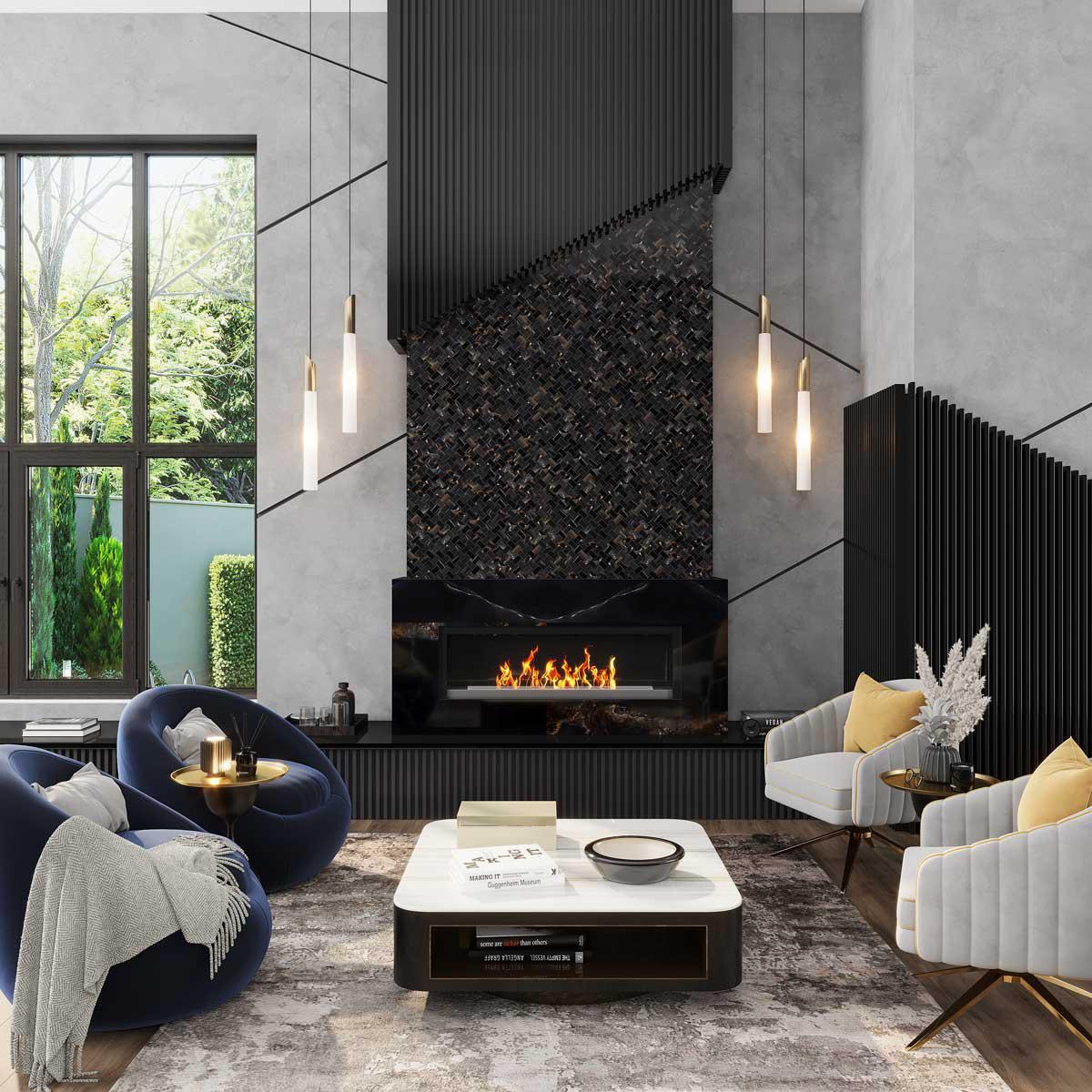 Modern Living room with black onyx mosaic tile fireplace surround