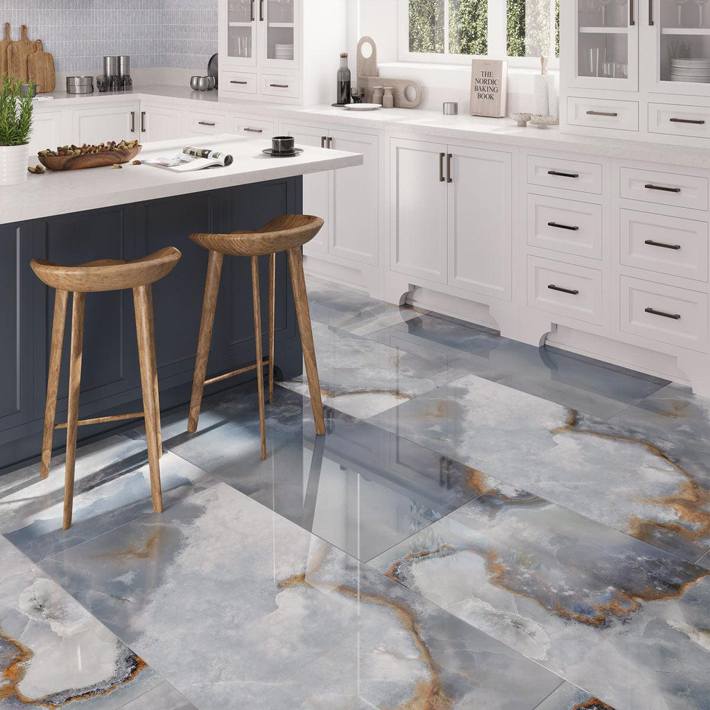 Onyx patterned blue and gold kitchen floor tile