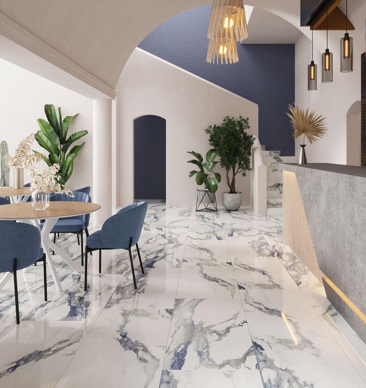 Emporio Calacatta Blue marble-look porcelain floor tiles