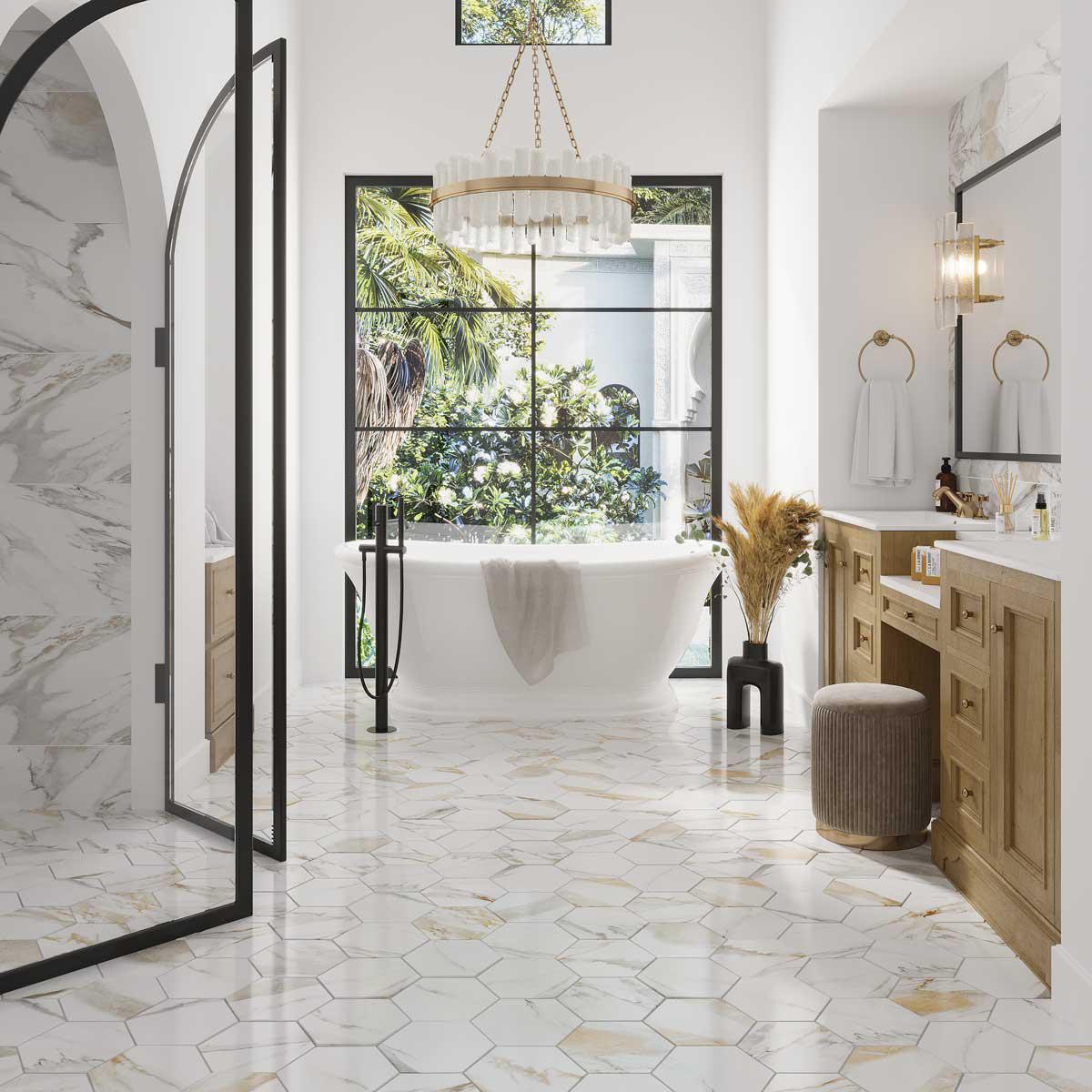 White and gold bathroom with Calacatta Marble look hexagon porcelain tiles