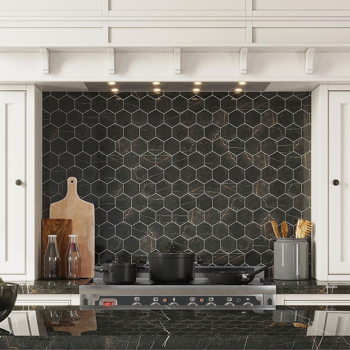 Emporio Gold Nero Hexagon Kitchen Backsplash Tiles with Stone Countertops