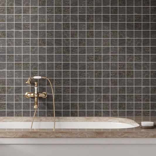 Emporio Graphite Mosaic bathroom wall tile with a dark gray stone-look