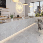 Emporio Grigio stone-look porcelain counter facing and floor in a coffee shop