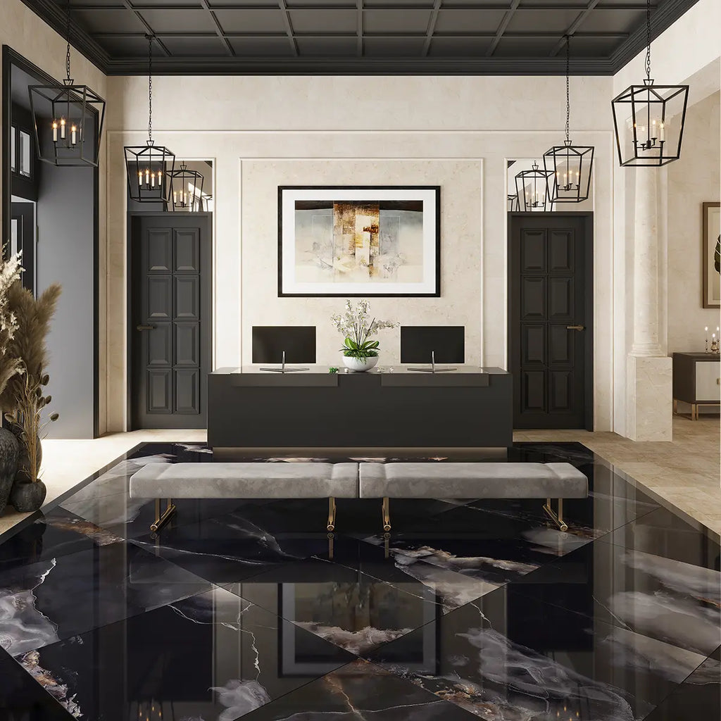 Elegant Hotel Lobby with Emporio Black Onyx Large-Format Porcelain Tile Floor