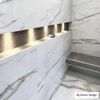 Shower niche porcelain tile with Calacatta Marble effect