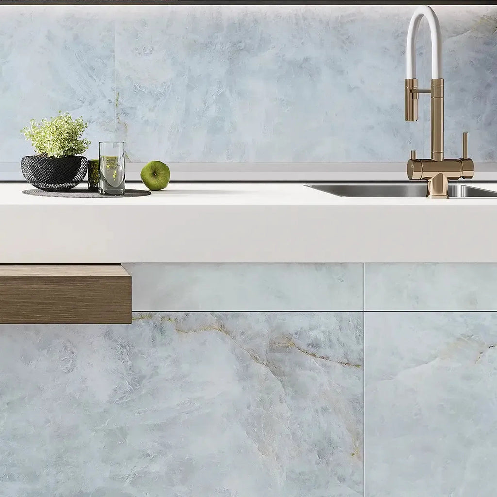 Emporio Quartz Blue 24x48 Porcelain Tile Kitchen Wall and Island