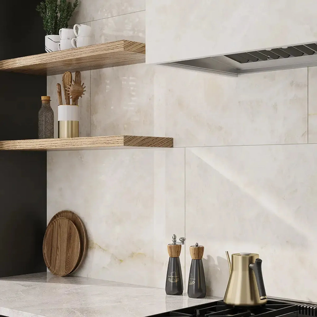 Emporio Quartz Cream 24x48 Porcelain Tile Slab Backsplash