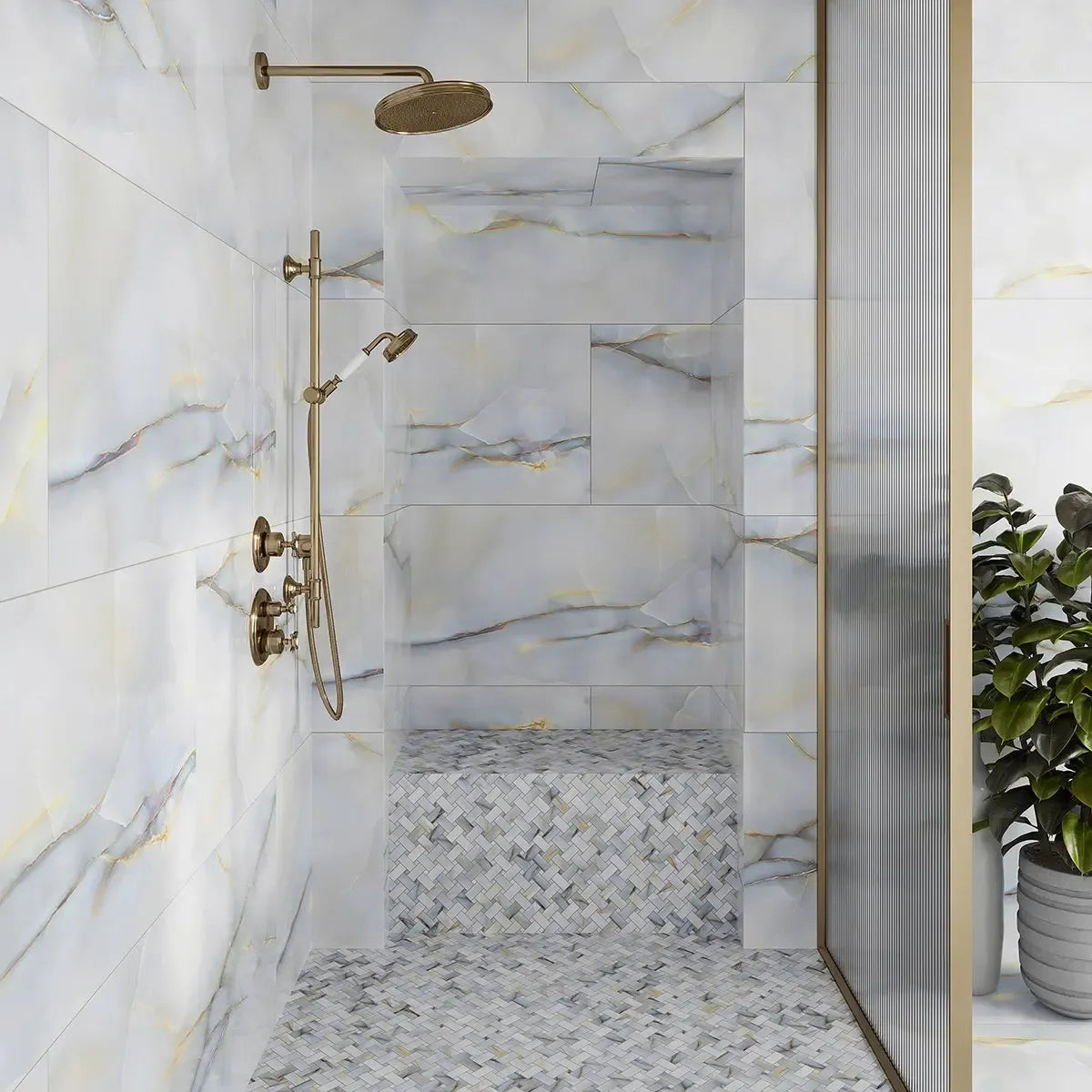 Blue stone look porcelain tile shower with matching mosaic floor tile