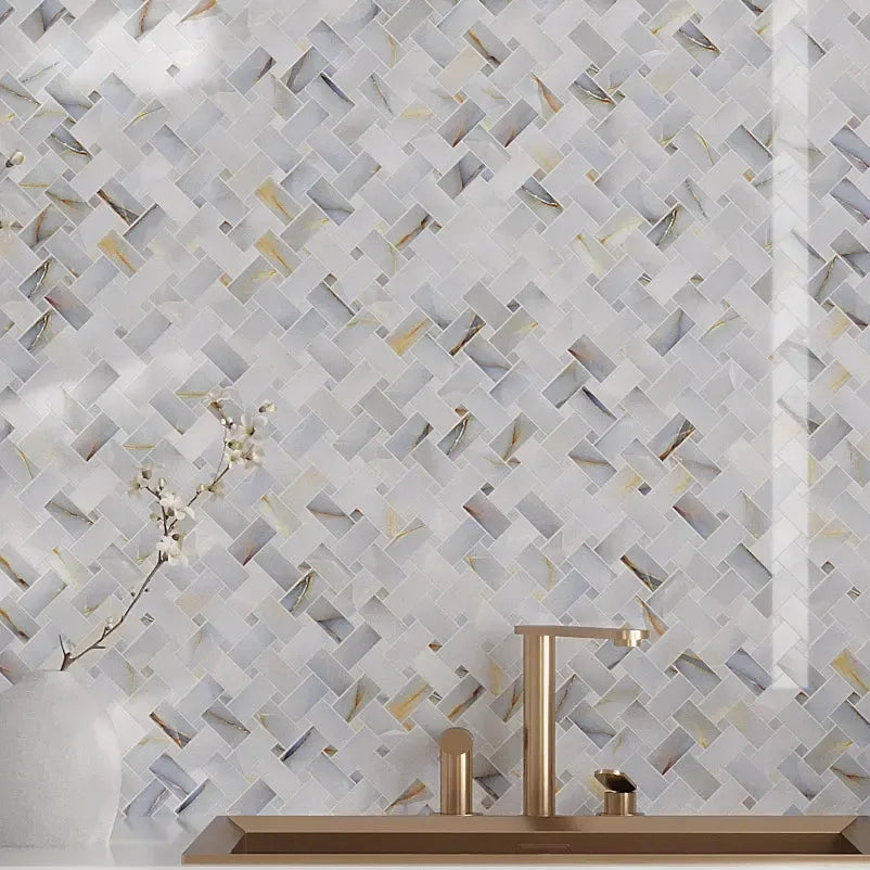 Emporio Soft Blue Onyx Basket Weave Mosaic backsplash for a laundry room