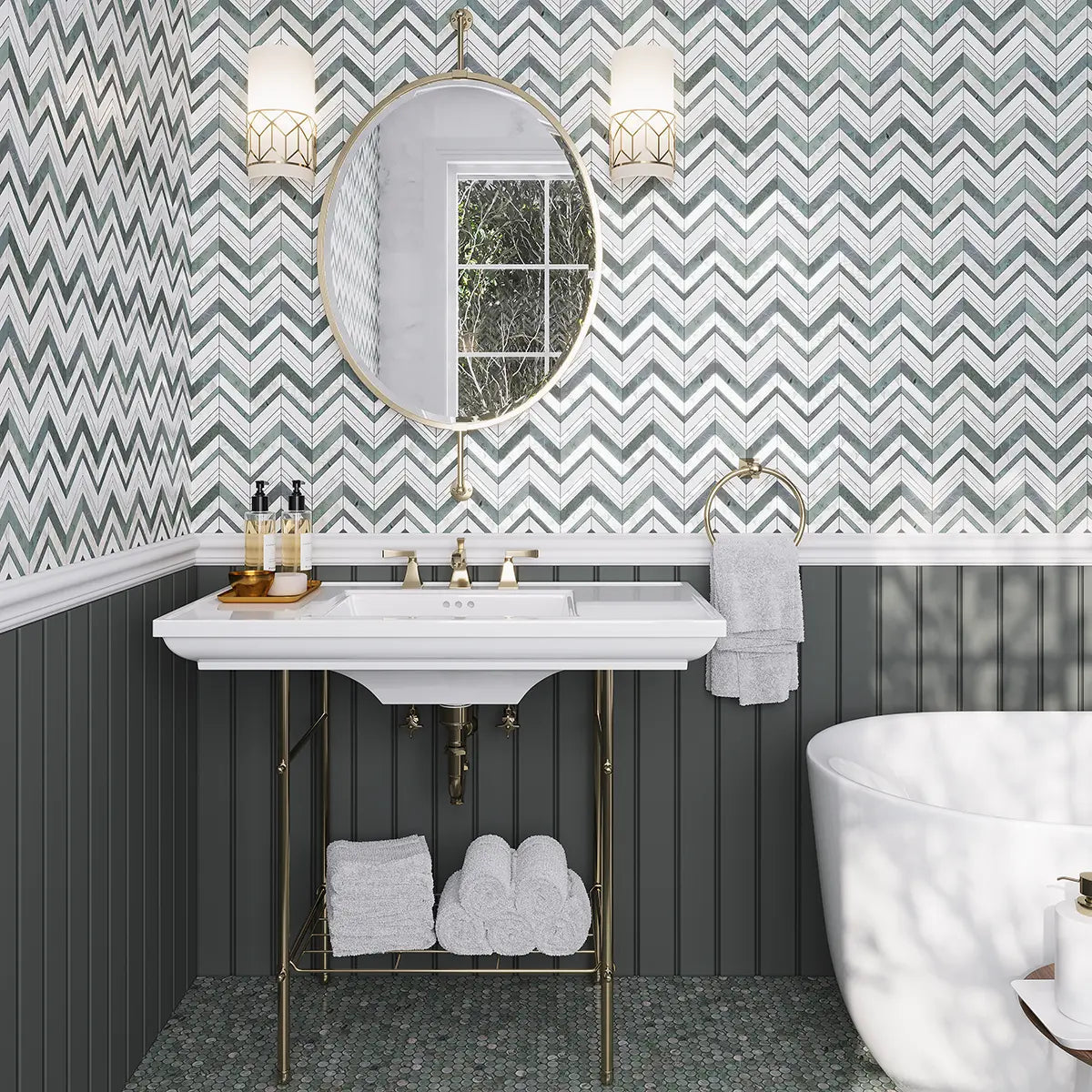 Envy Chevron Pearl Green Marble and Shell Tile | Tile Club