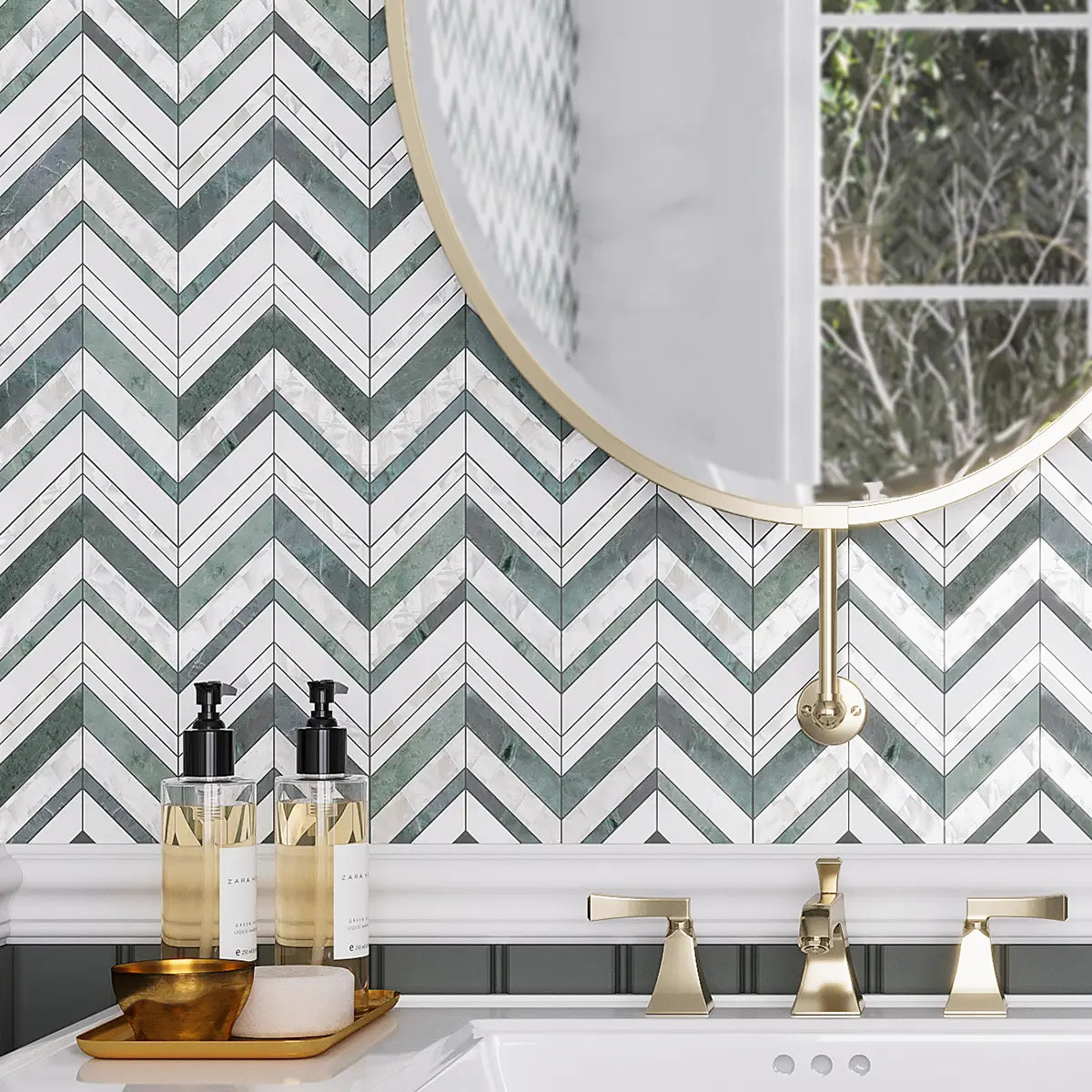 Envy Chevron Pearl Green Marble and Shell Tile Bathroom Backsplash