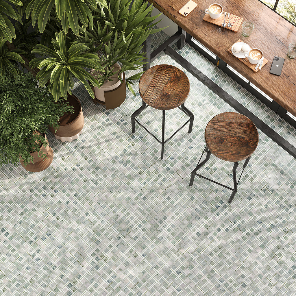 Envy Green and White Basketweave Mosaic Tile | Tile Club