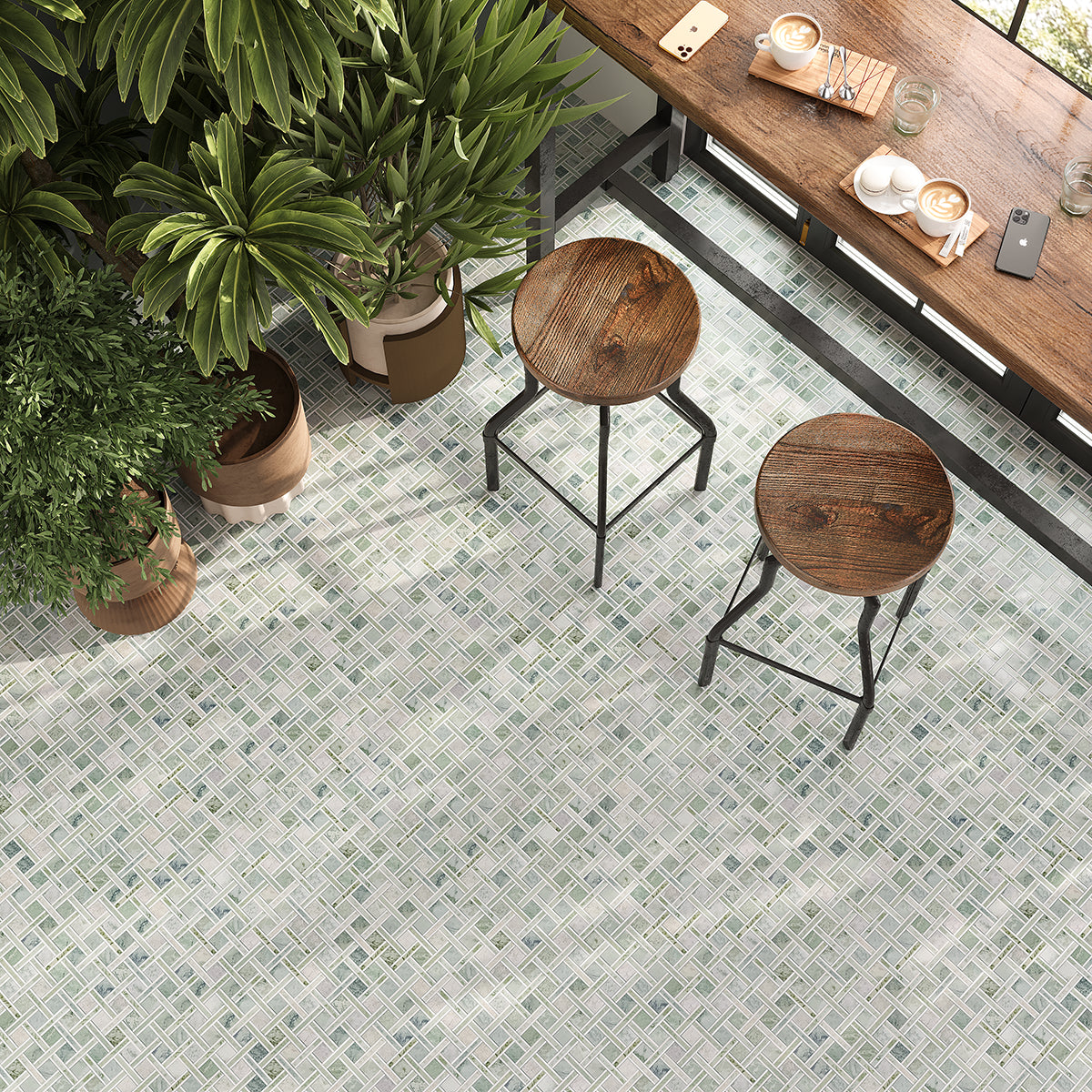 Envy Green and White Basketweave Mosaic Tile | Tile Club