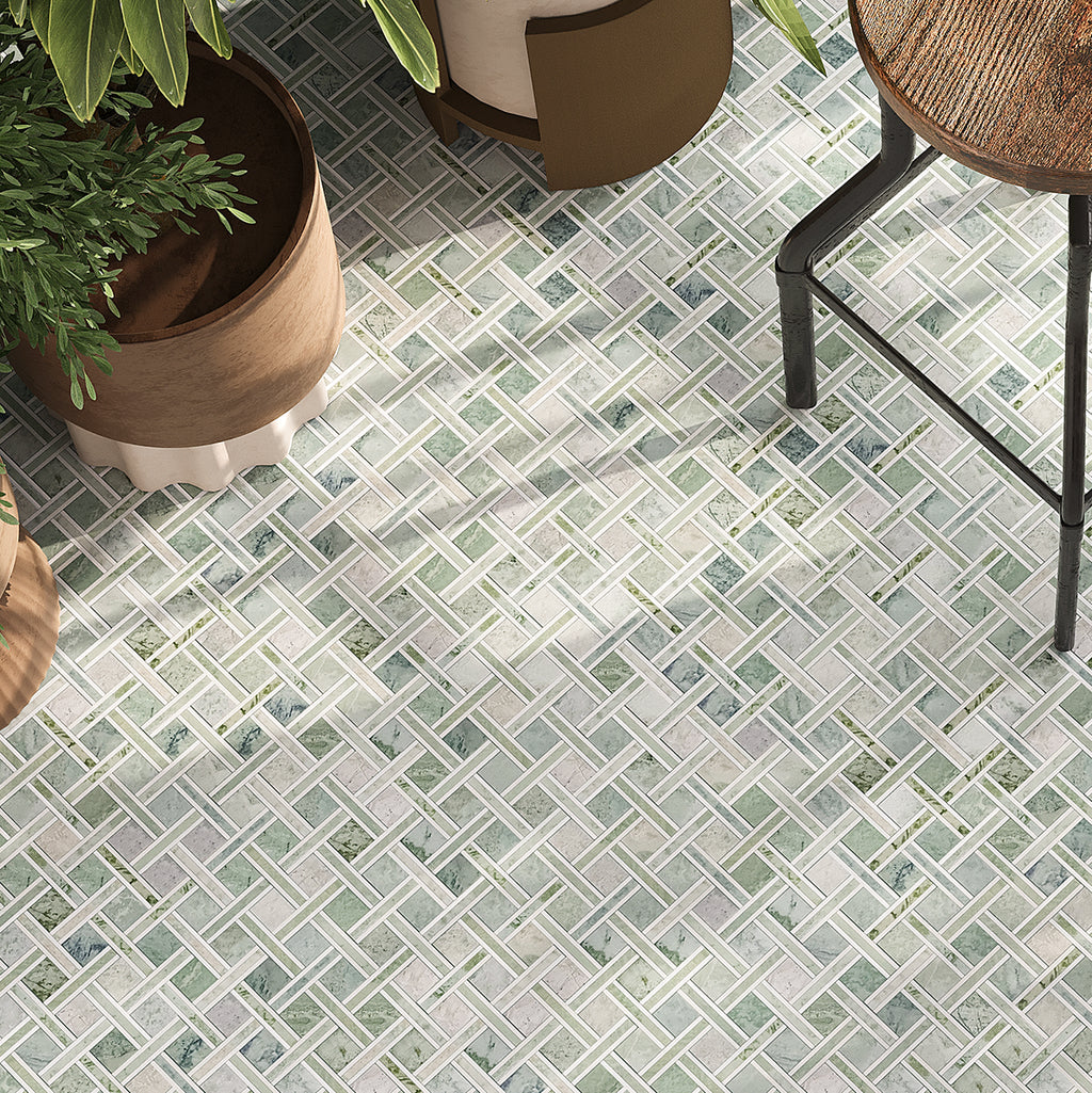 Envy Green and White Basketweave Mosaic Tile | Tile Club