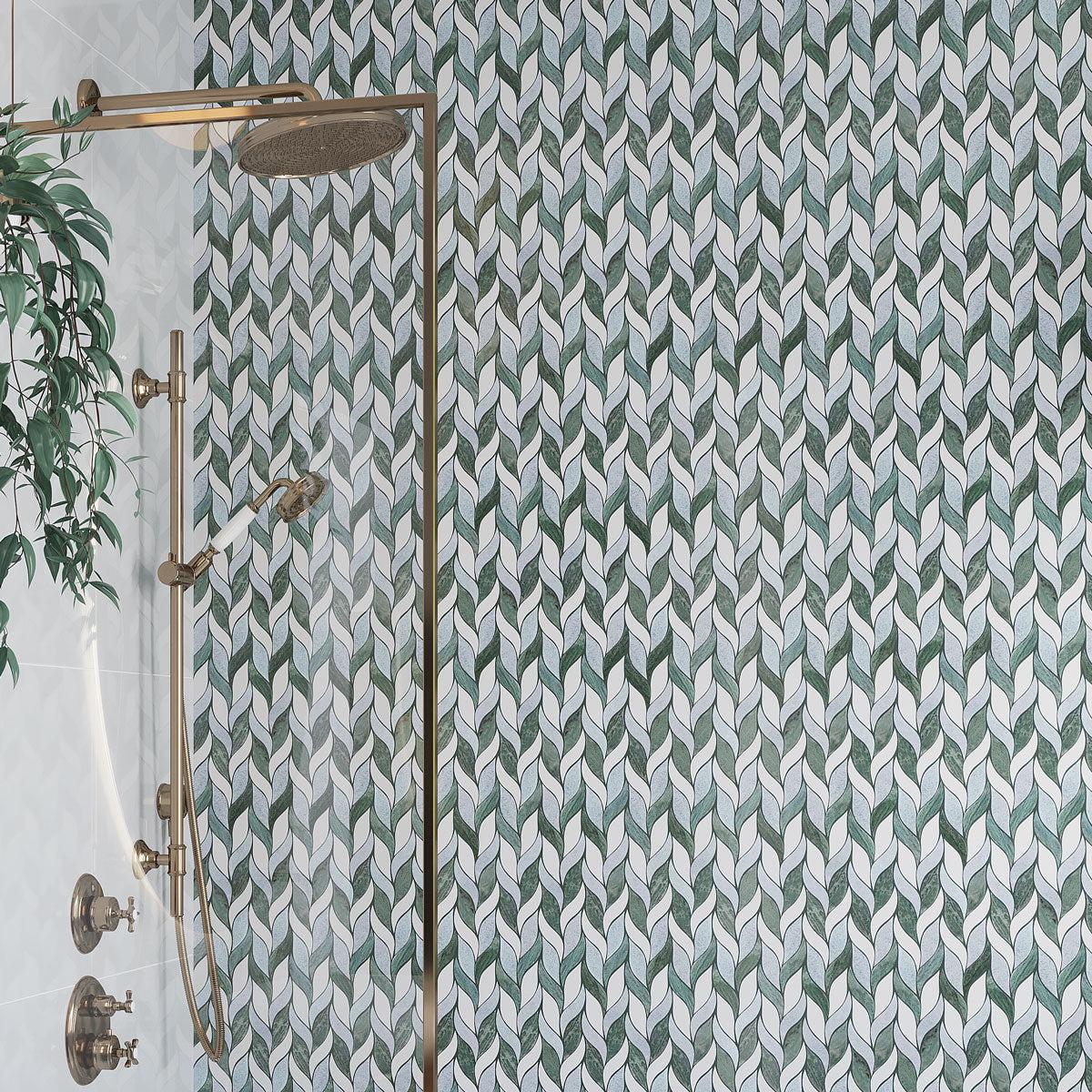 Envy Green and White Leaf Marble Mosaic Tile | Natural