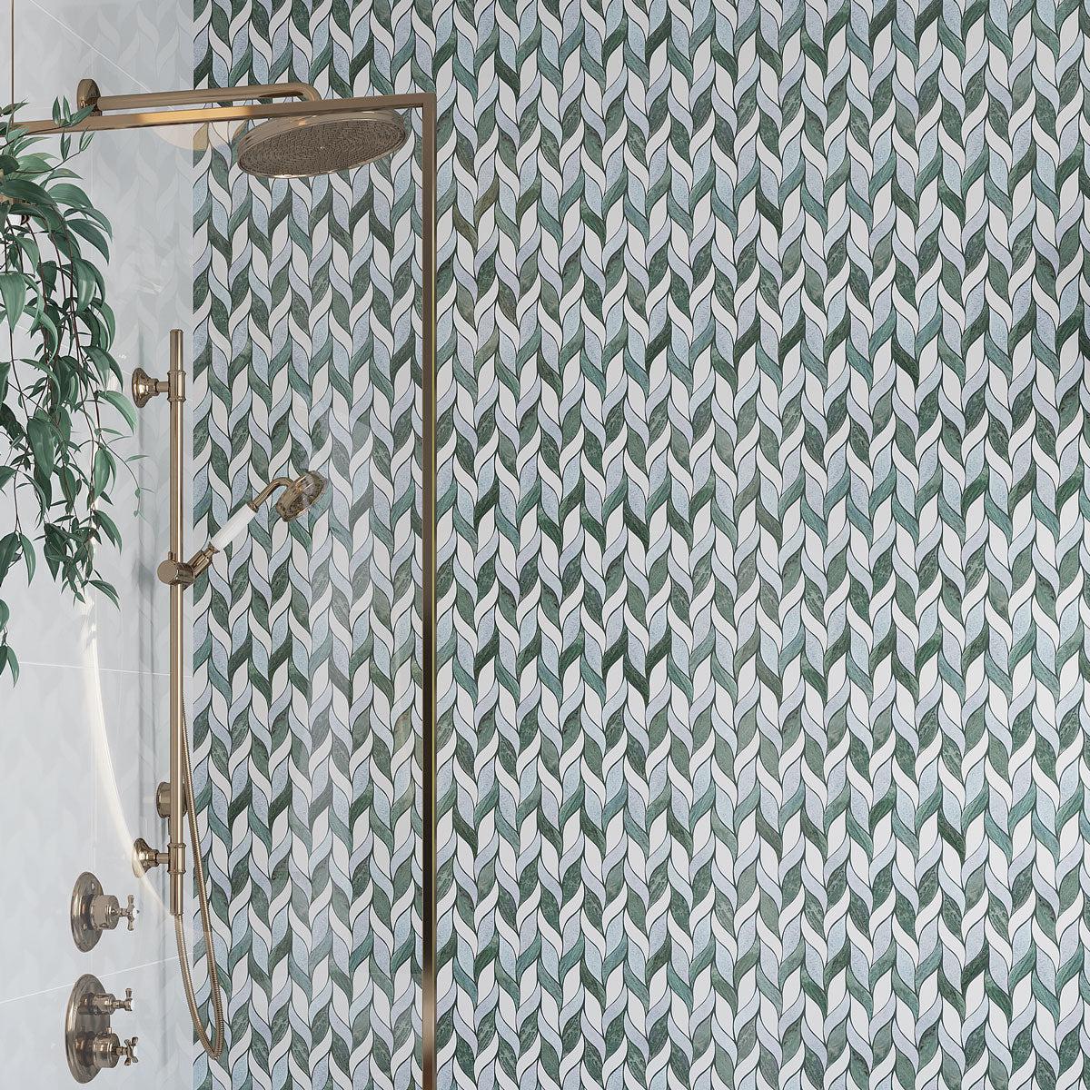 Envy Green and White Leaf Marble Mosaic Tile