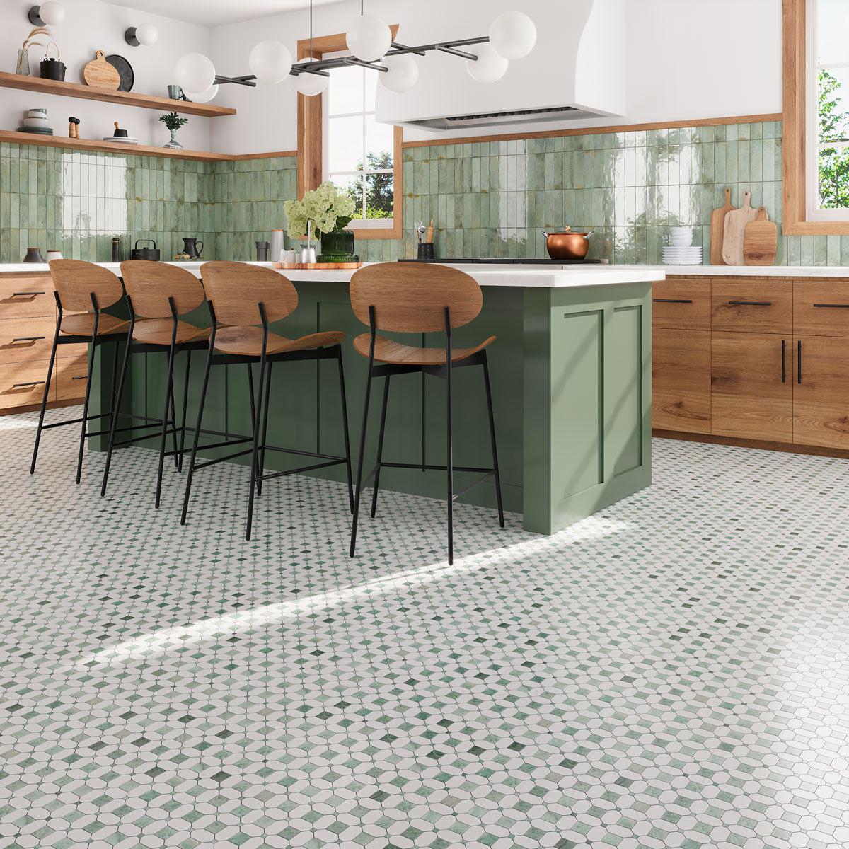 Envy Green Octagon and Thassos Square Marble Mosaic Tile