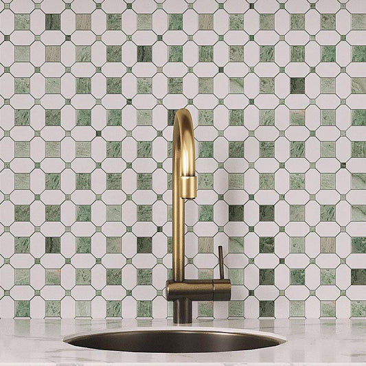 Envy Green Octagon and Thassos Square Marble Mosaic Tile