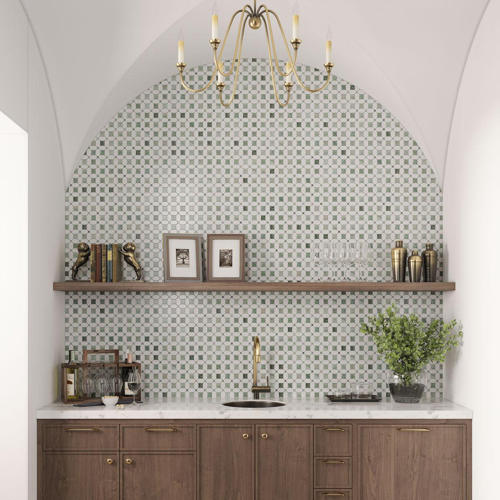 Envy Green Octagon and Thassos Square Marble Mosaic Tile | Tile Club