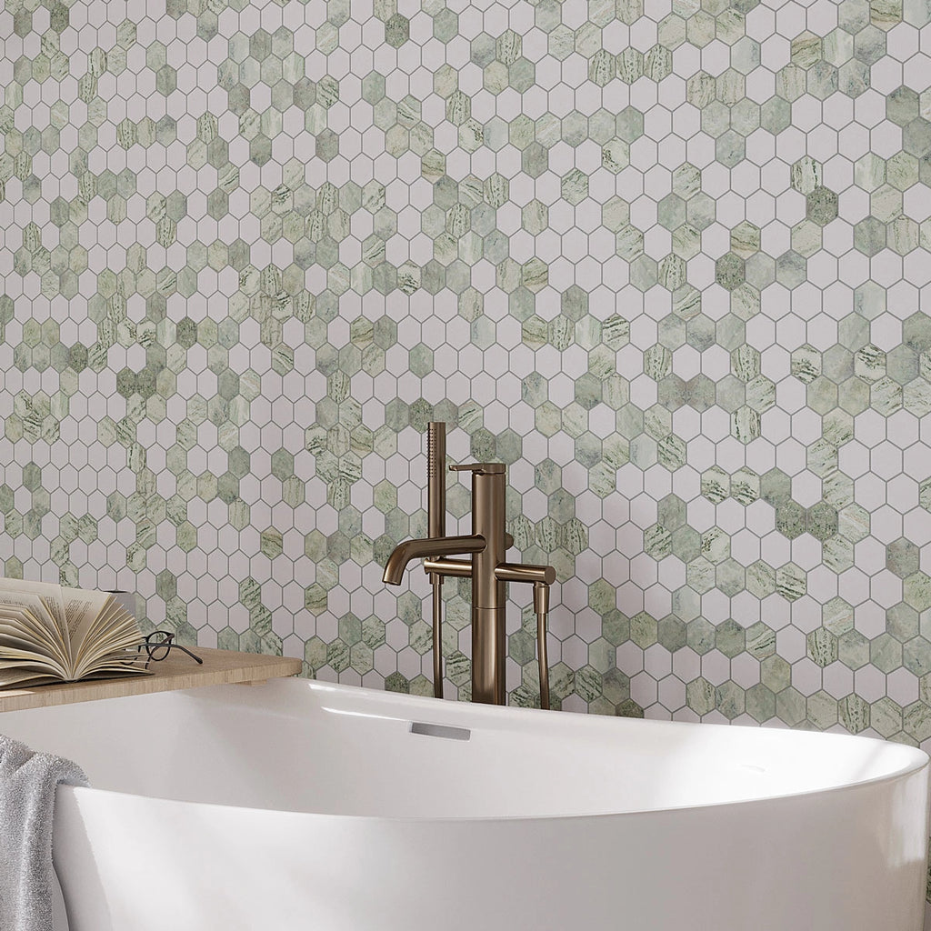 Envy Green & White Marble Hexagon Mosaic Tile | Tile Club