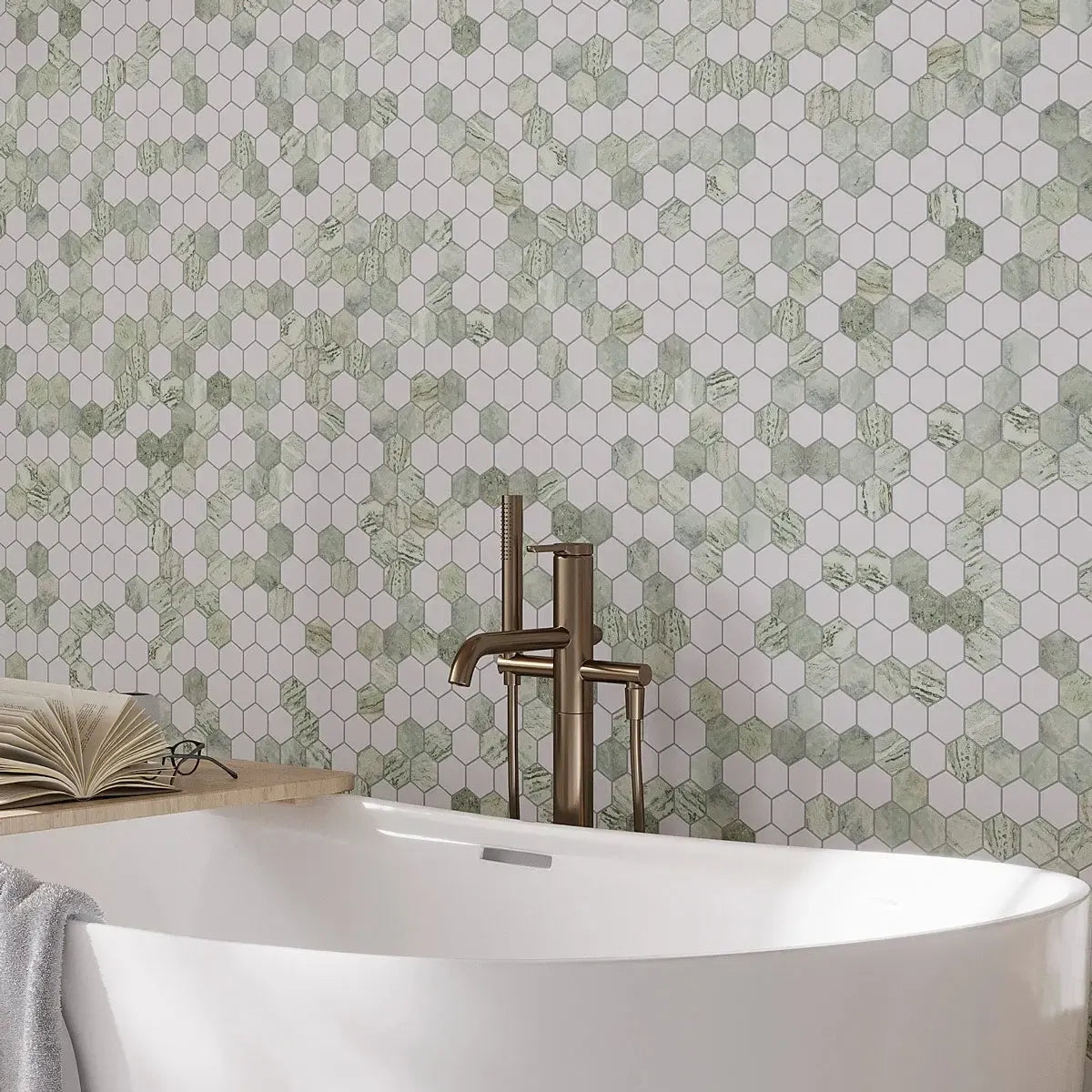Envy Green & White Marble Hexagon Mosaic Tile | Tile Club