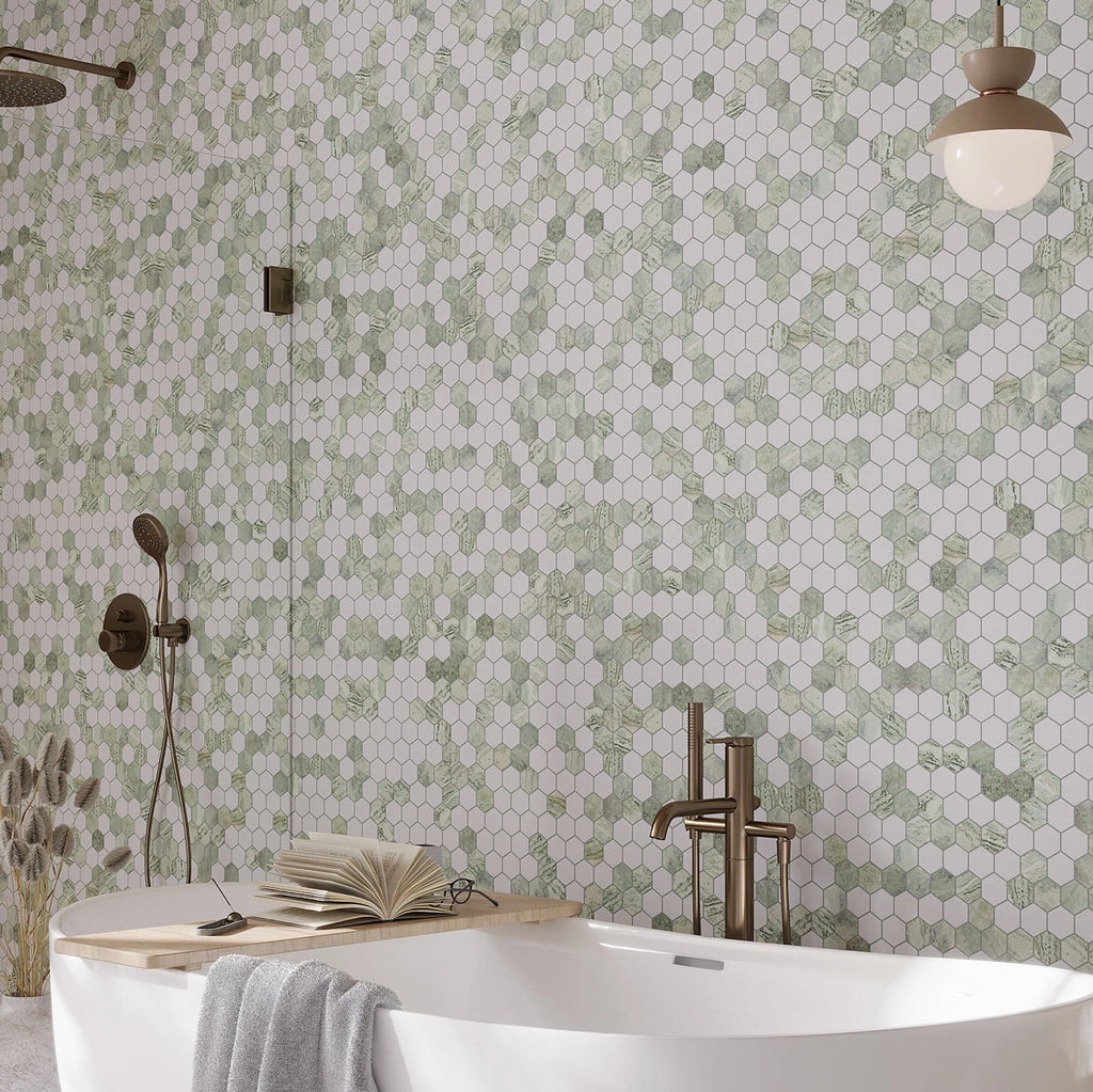 Envy Green & White Marble Hexagon Mosaic Tile