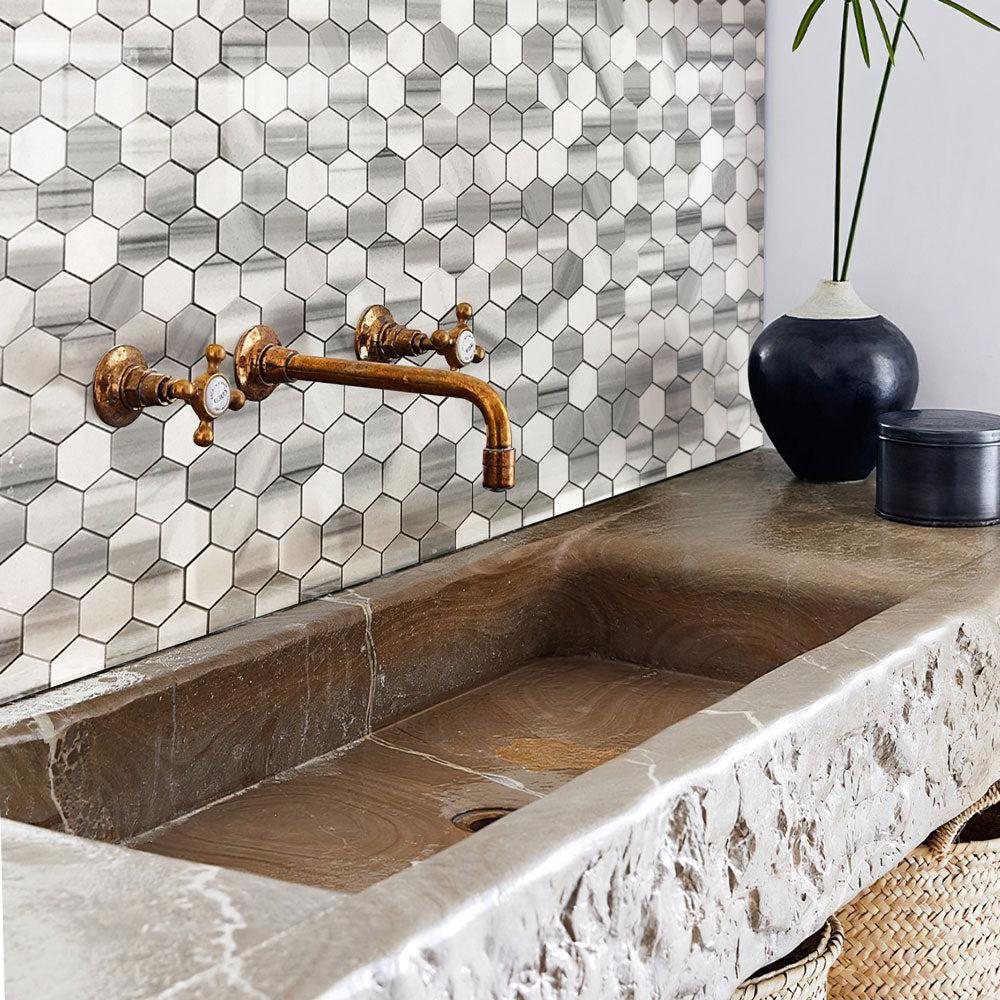Gray and white equator marble hexagon mosaic tile