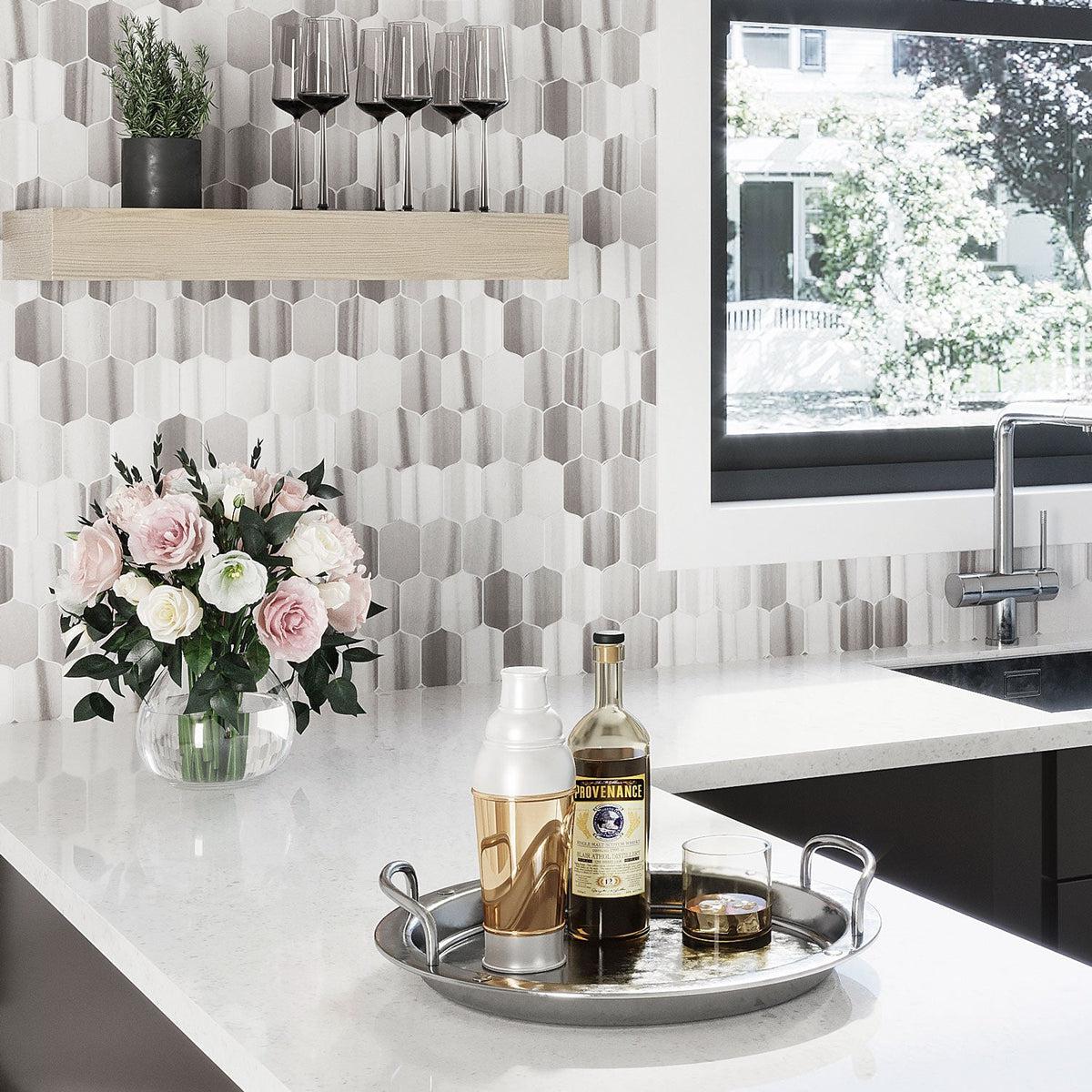 Equator gray and white  marble polished mosaic tile backsplash in Graphite and White Kitchen