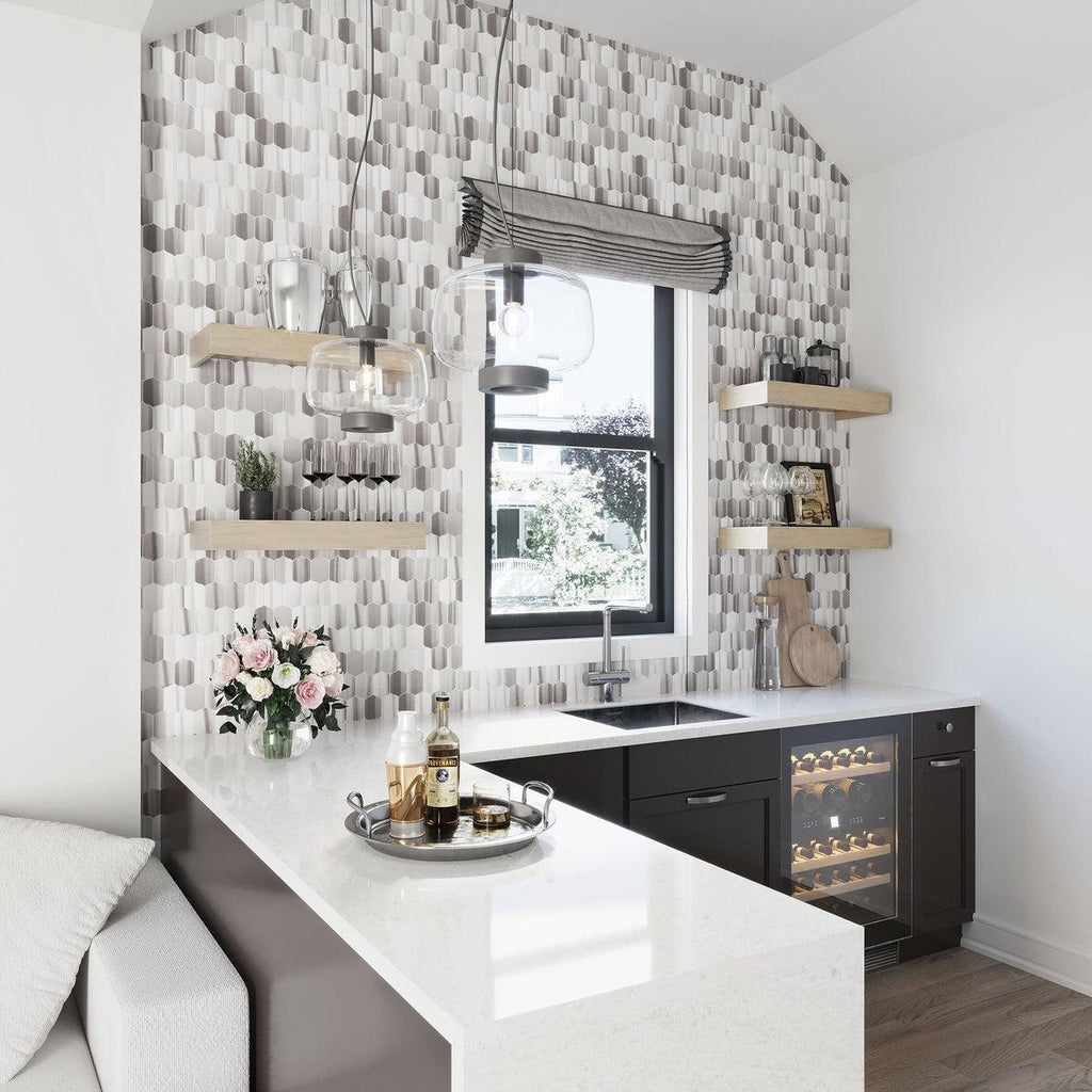 Graphite and White Kitchen with Equator gray and white  marble polished mosaic tile backsplash