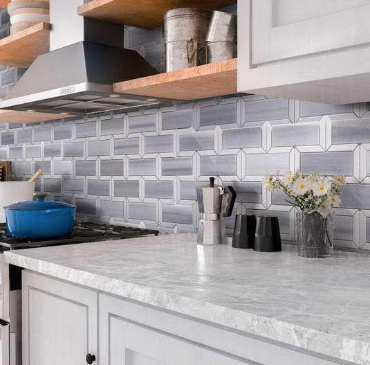 Equator & Thassos Bricks Polished Mosaic Tile Backsplash for a White and Wood Kitchen