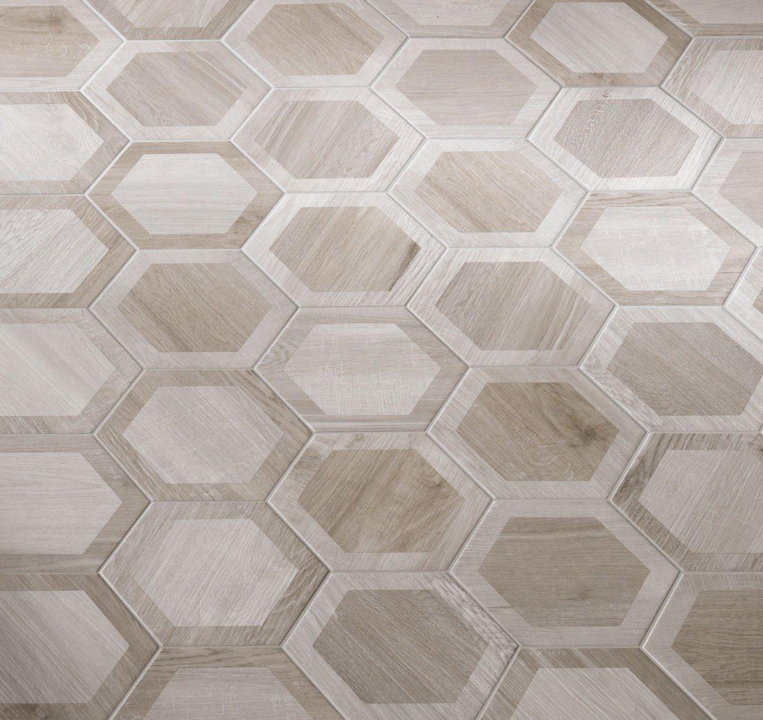 Silvered Wood Look Tile Flooring with Porcelain Hexagon Pattern