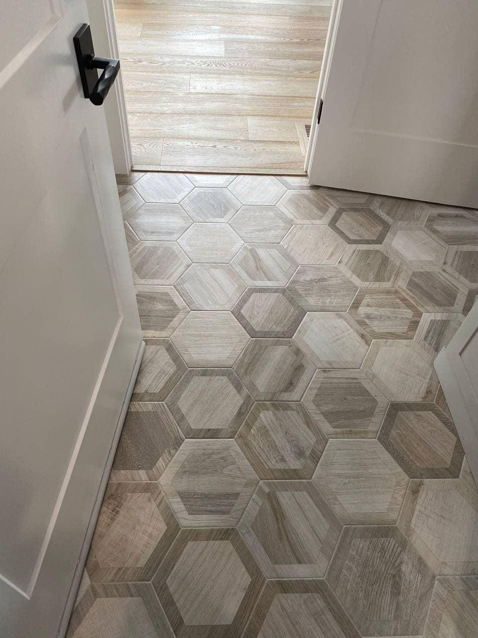Esagona Intarcio Silver Wooden Look Porcelain Tile Mud Room Floor in a Hexagon Pattern