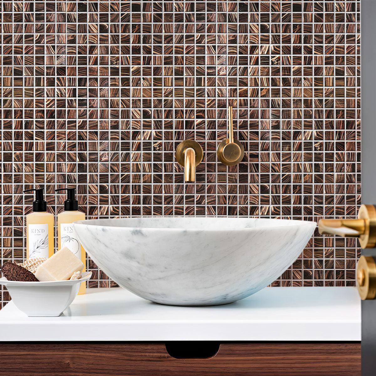 a luxurious and opulent bathroom with Espresso Shimmer Mixed Squares Glass Pool Tile