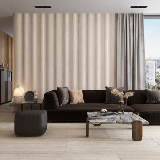Eterica Fluted Sand Travertine 24x48 Porcelain Tile | Tile Club