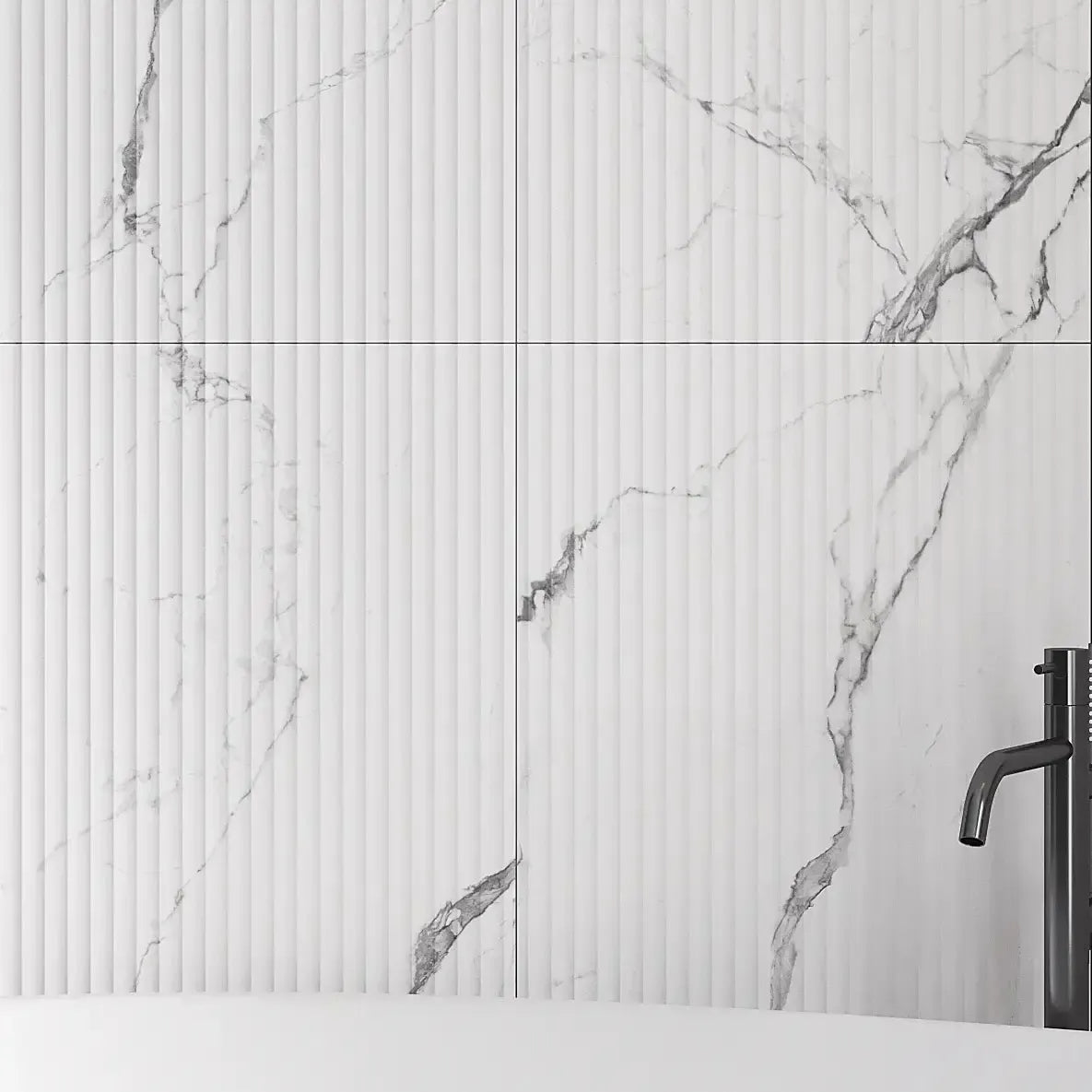 White and gray marble look fluted wall tile
