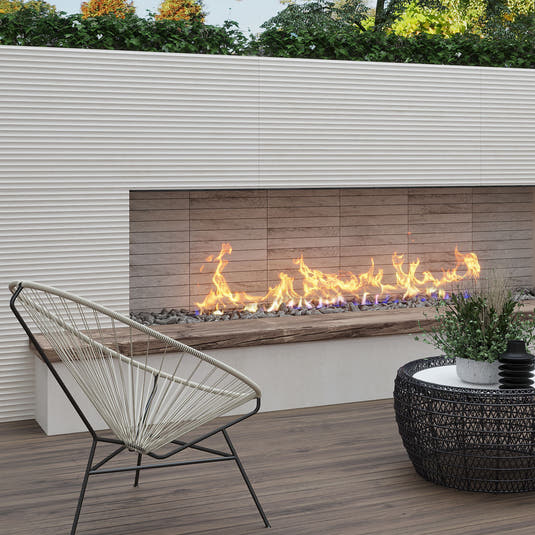 Eterica Fluted White Travertine 24x48 Porcelain Tile Outdoor Fireplace Surround