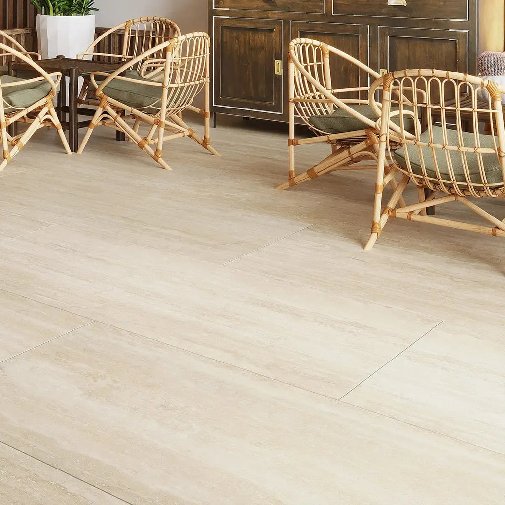 Beige travertine look porcelain floor tiles for a restaurant design