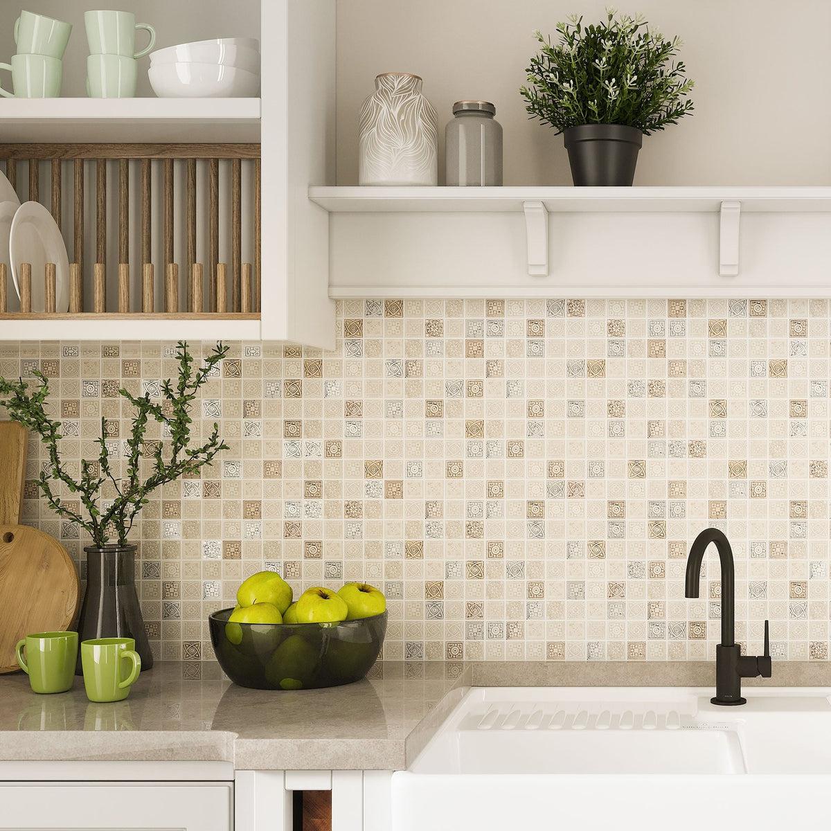 Nice ethnic cream etched mosaic tile kitchen backsplash in warm tone