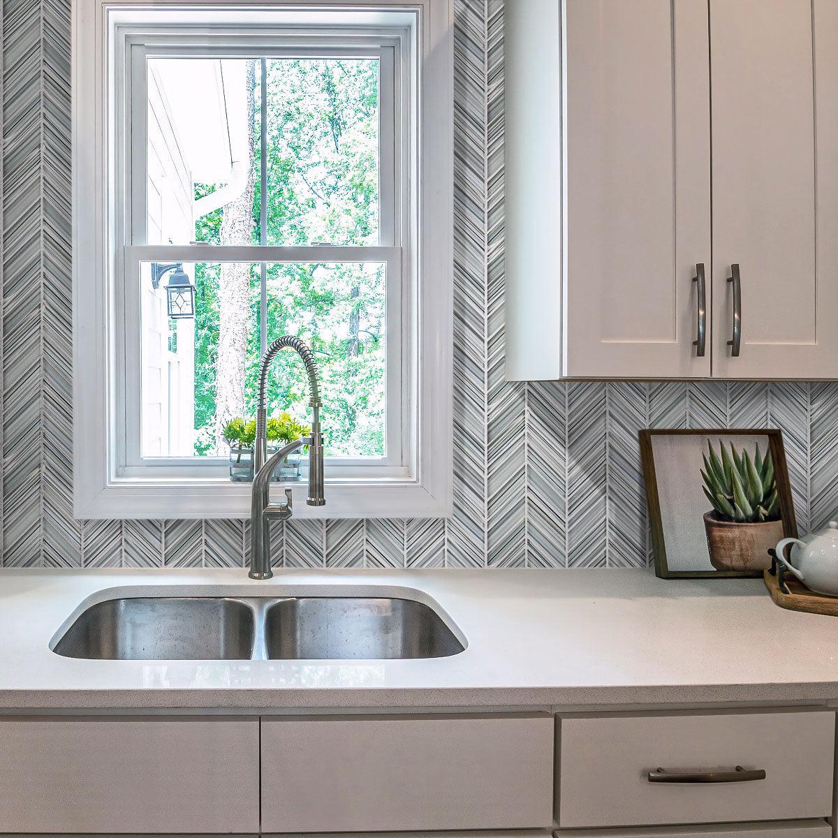 Fabrique Blue Grey Chevron Glass Mosaic Tile | Tile Club