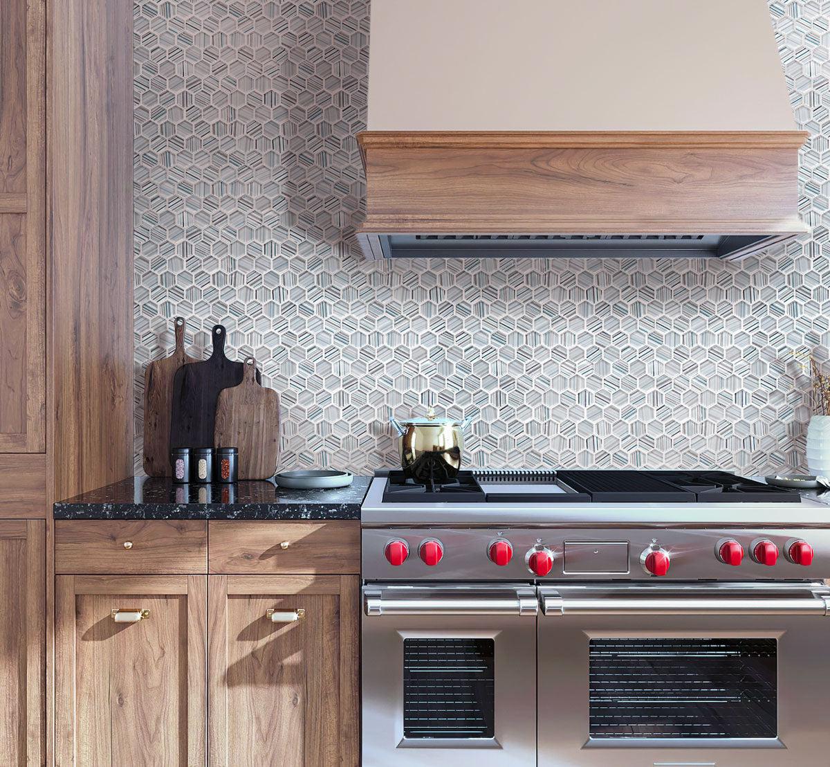 Fabrique Blue Grey Hexagon Glass Mosaic Backsplash Tile behind the Stove