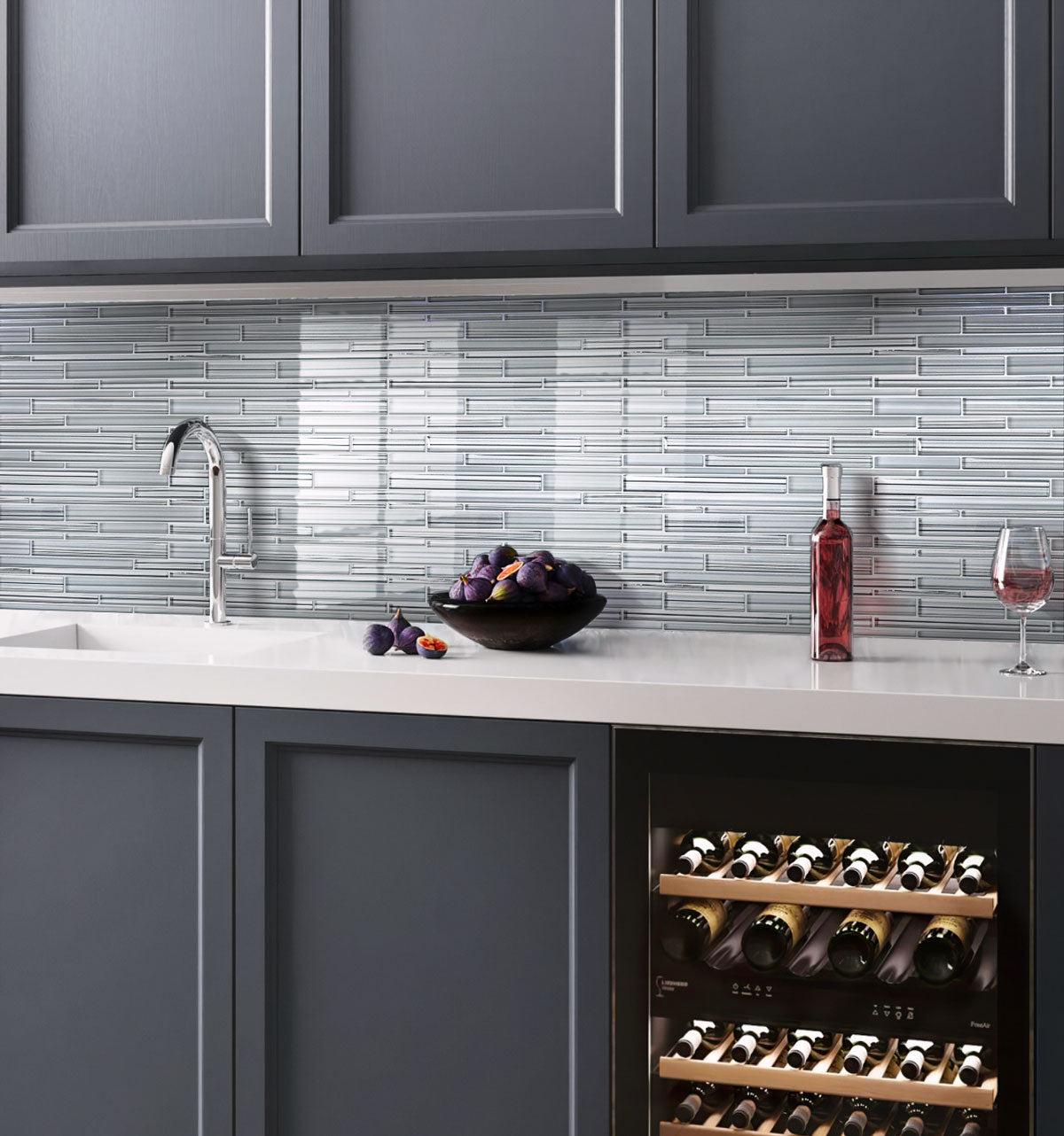 Fabrique Blue Grey Linear Glass Mosaic Tile bar backsplash 