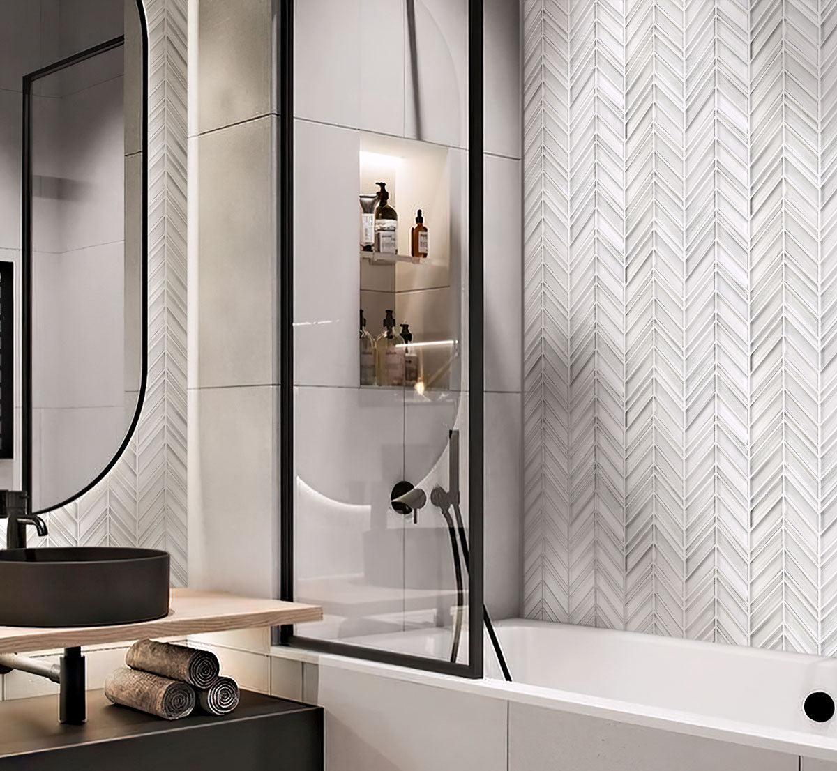 Fabrique White Chevron Glass Mosaic Tile shower wall