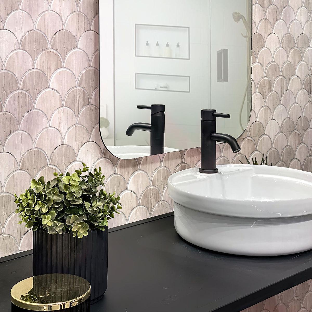 Fan Wooden Beige Marble Mosaic Tile Washroom Wall