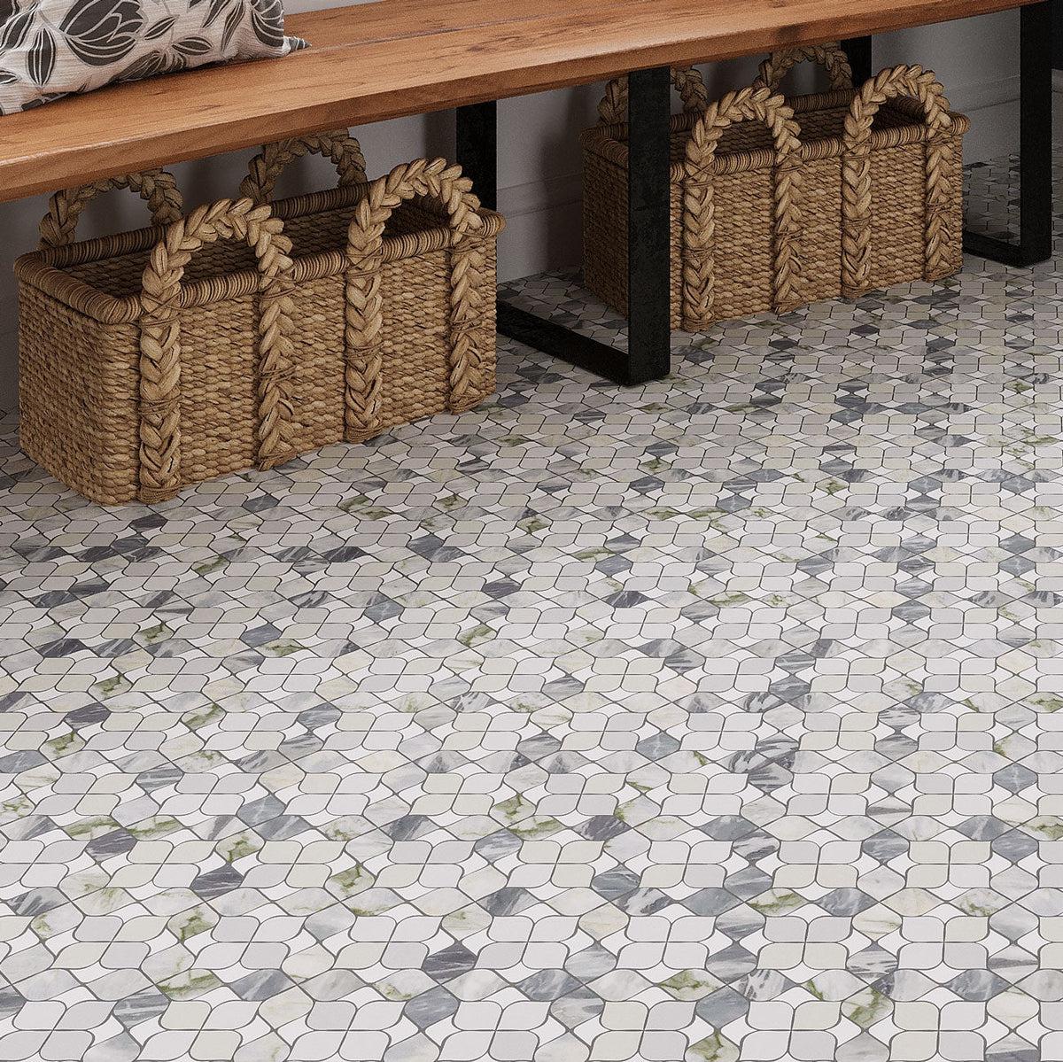 Fleur Calacatta Bluette and Thassos Flower Marble Mosaic Tile | Tile Club