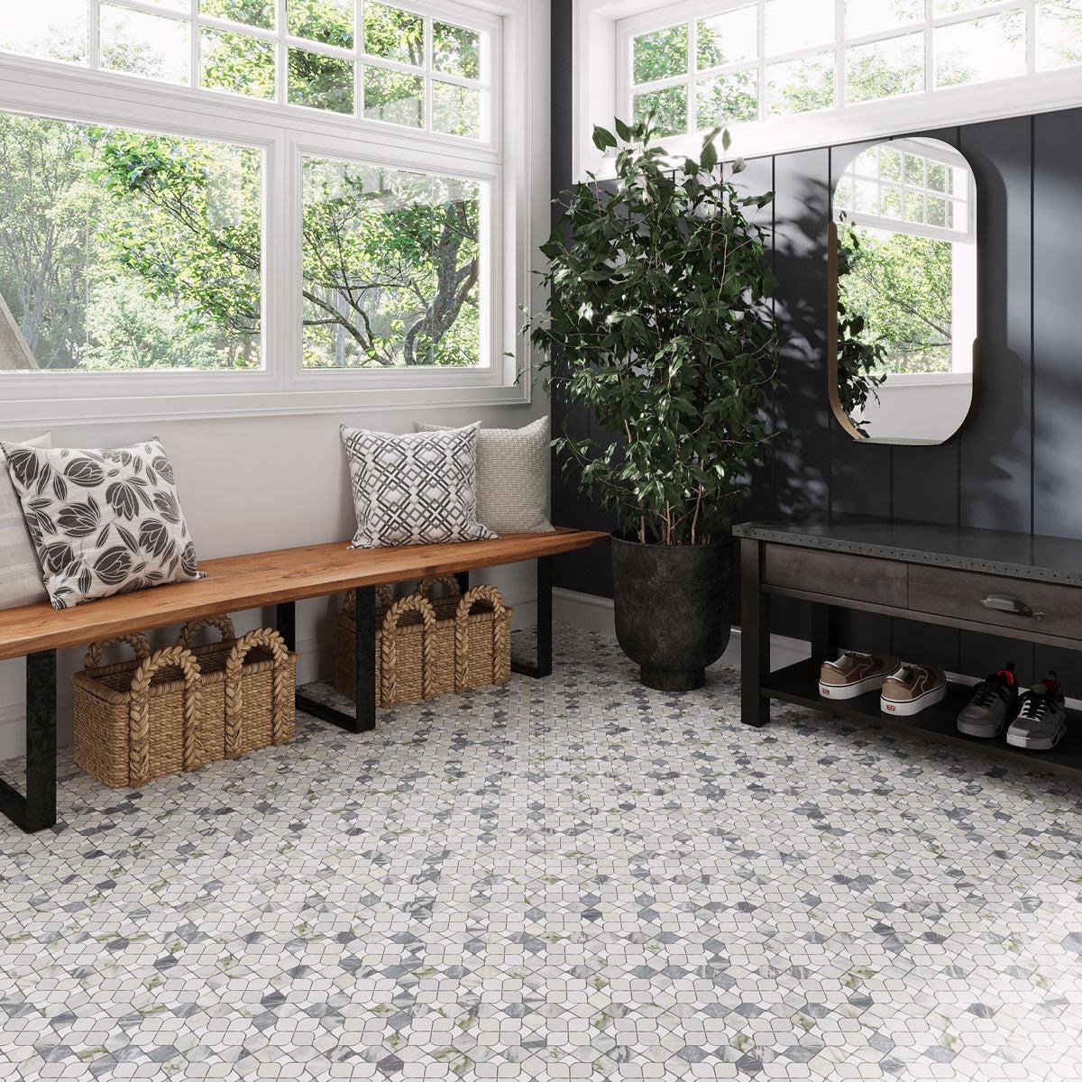 Fleur Calacatta Bluette and Thassos Flower Marble Mosaic Tile | Tile Club