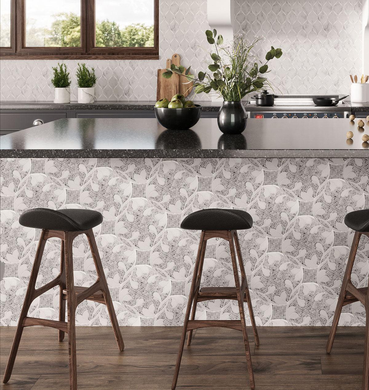 Mircro Mosaic with floral patterned tile for a gray and white decorative kitchen island