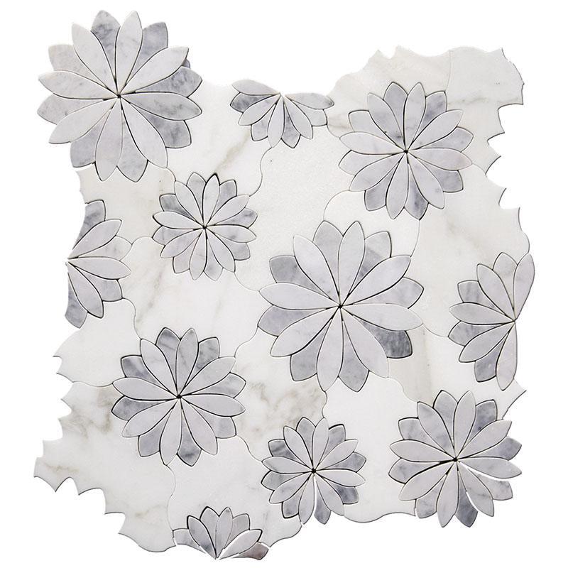 Floral Eternity White Carrara & Bardiglio Waterjet Mosaic Tile Sample