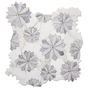 Floral Eternity White Carrara & Bardiglio Waterjet Mosaic Tile Sample