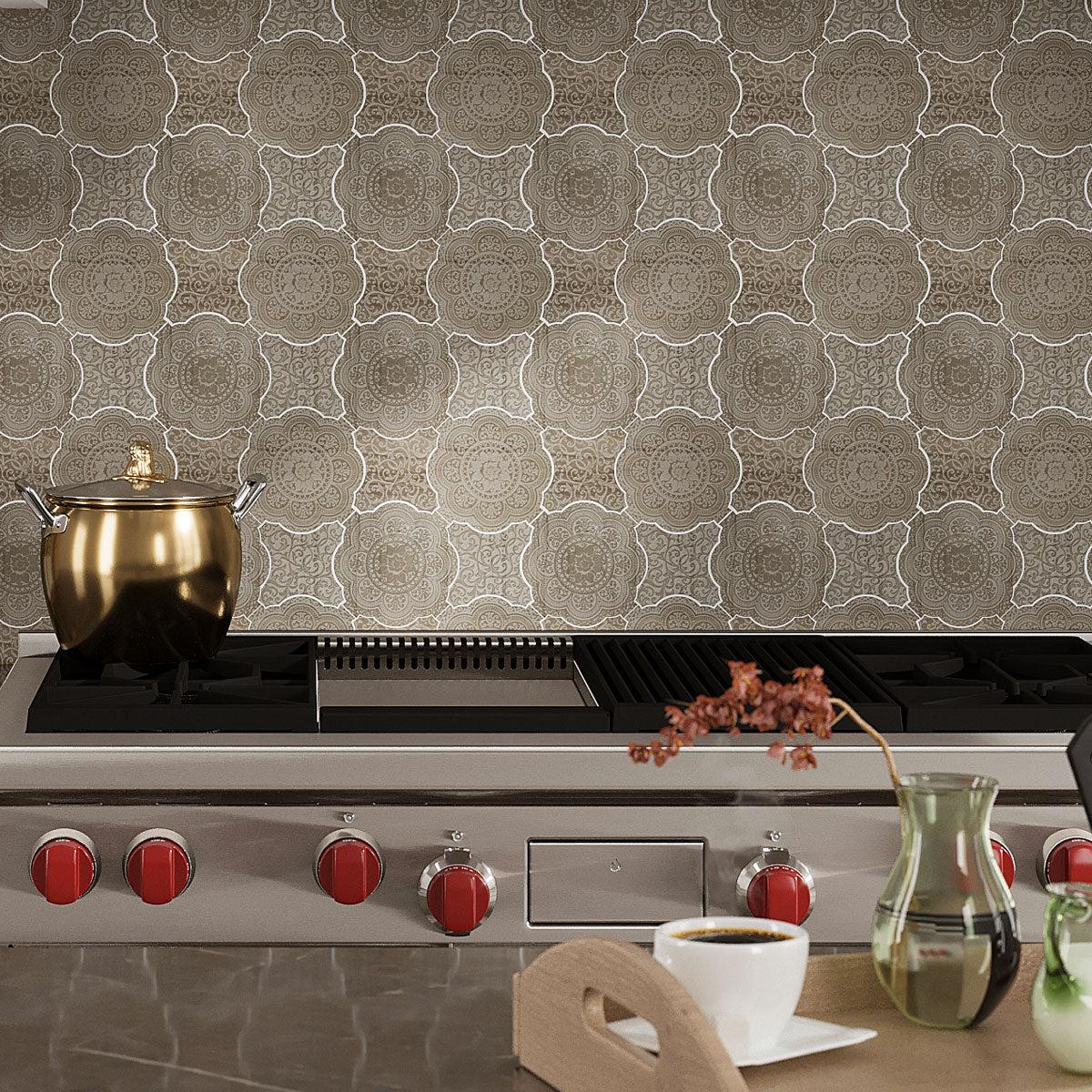 Floral Grey & Star Etched Stone Mosaic Backsplash Tile